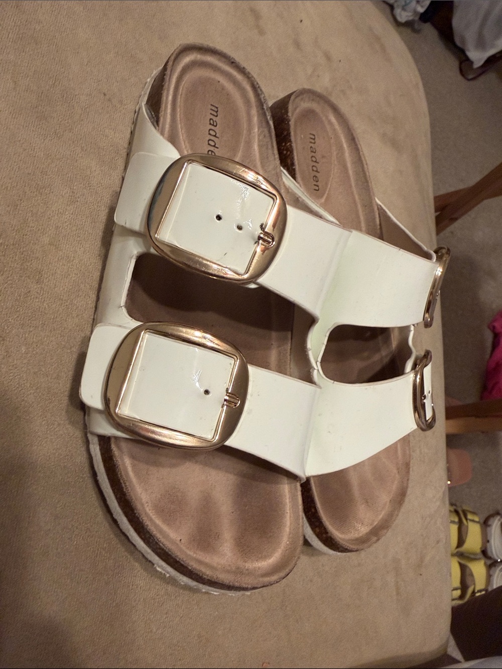 Madden Girl White Double Buckle Slide Sandals